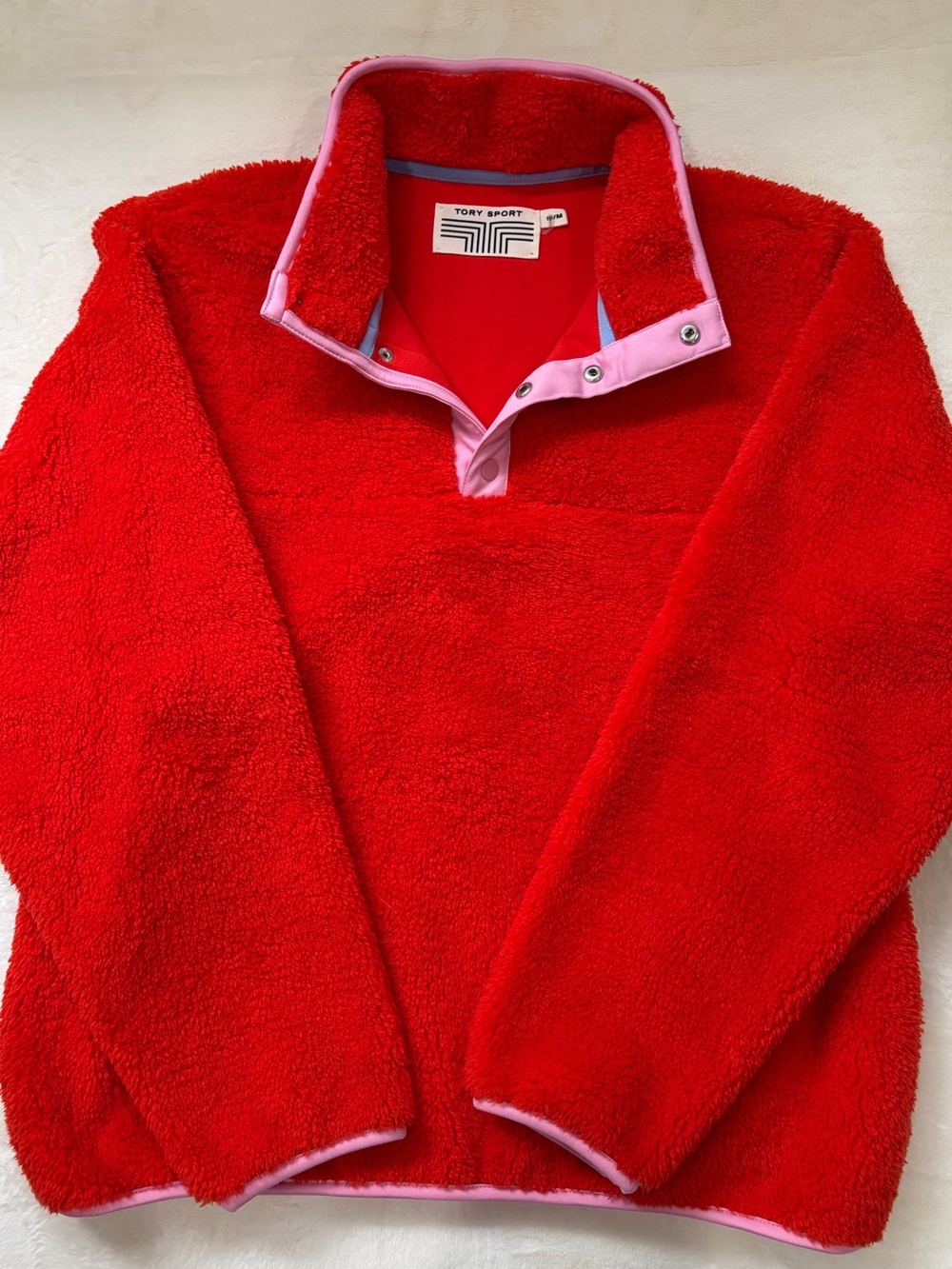 Tory Sport Red Sherpa Zip-Up with Pink Trim